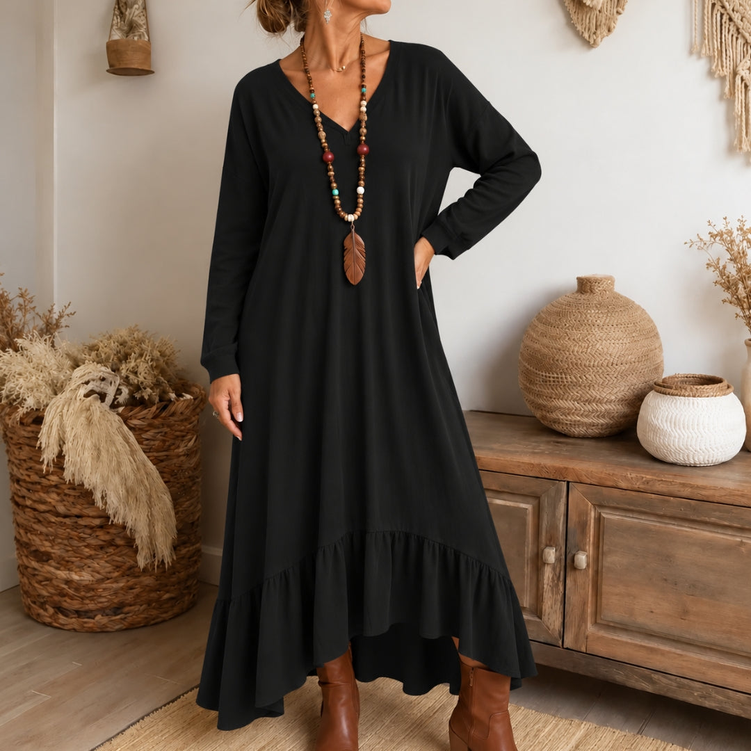 Women's Hooded Midi Dress with Asymmetric Ruffle Hem