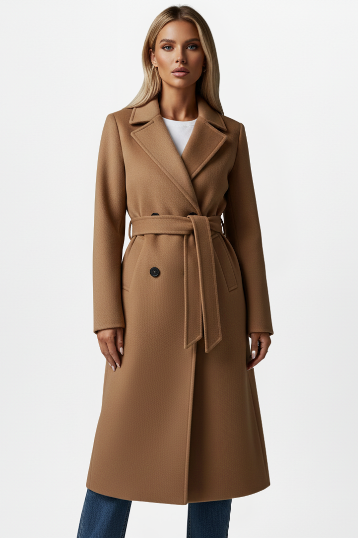 Joanna | Womens Long Belted Coat with Double-Breasted Front | Clean Silhouette | Black, Brown, Camel and More S-2XL