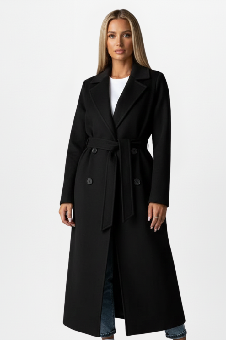 Joanna | Womens Long Belted Coat with Double-Breasted Front | Clean Silhouette | Black, Brown, Camel and More S-2XL