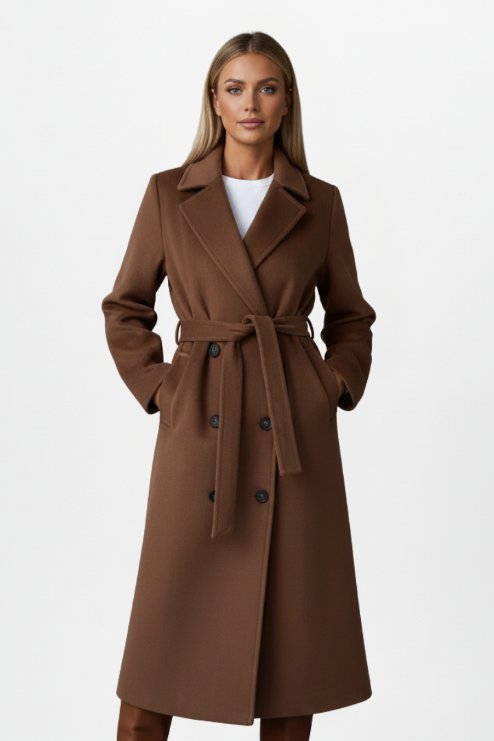 Joanna | Womens Long Belted Coat with Double-Breasted Front | Clean Silhouette | Black, Brown, Camel and More S-2XL