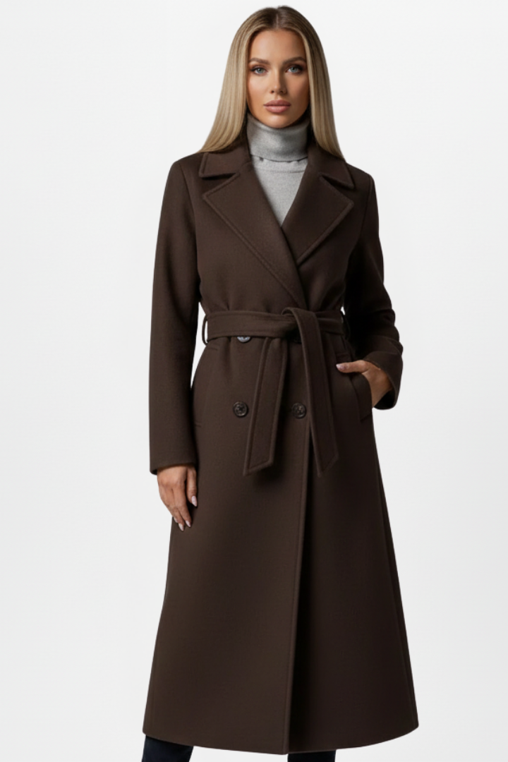Joanna | Womens Long Belted Coat with Double-Breasted Front | Clean Silhouette | Black, Brown, Camel and More S-2XL