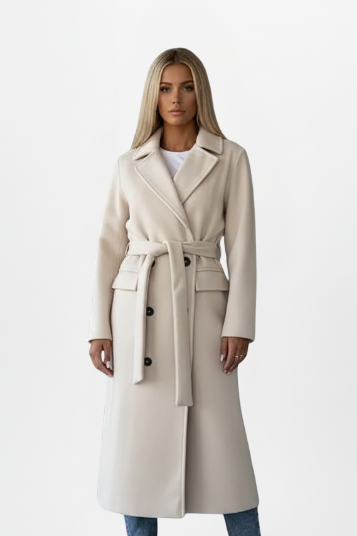 Joanna | Womens Long Belted Coat with Double-Breasted Front | Clean Silhouette | Black, Brown, Camel and More S-2XL
