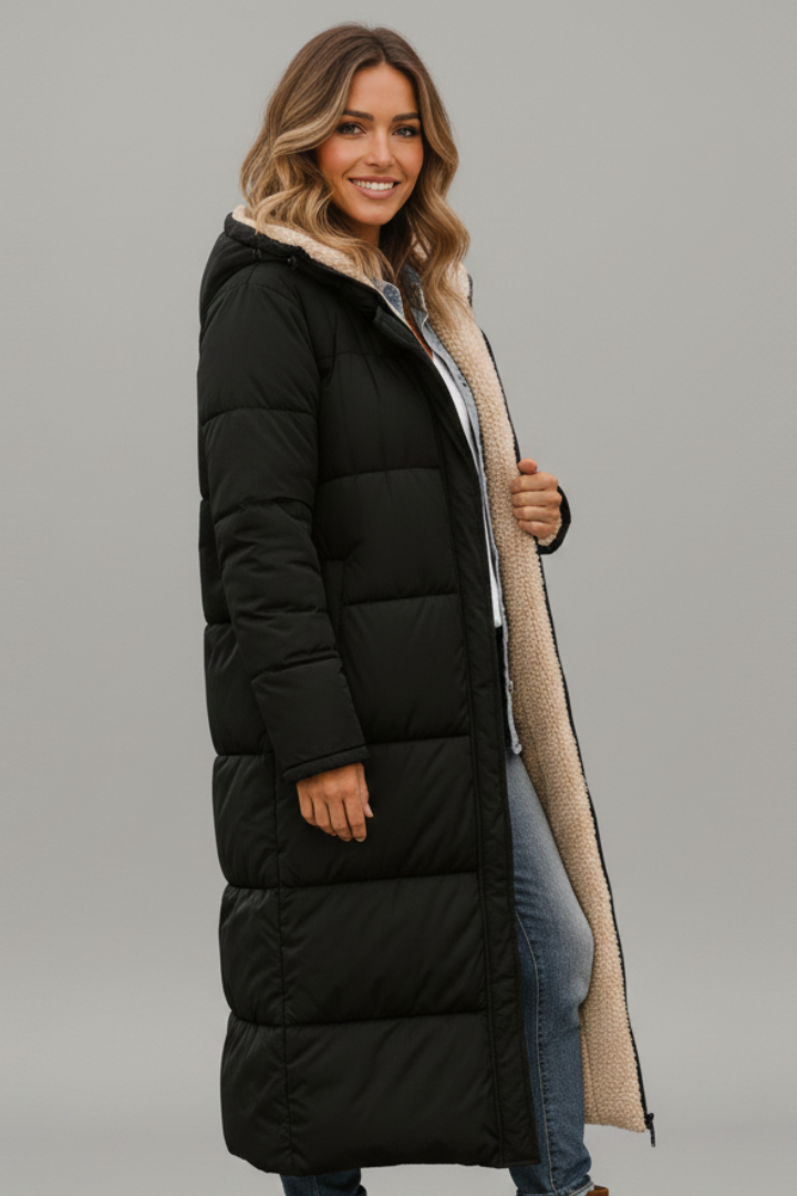 Women's Long Quilted Coat with Hood and Full Zip
