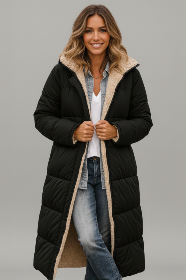 Allison | Womens Long Quilted Coat with Hood | Full Zip, Lined, Side Pockets | Black, Beige, Army Green and More S-5XL