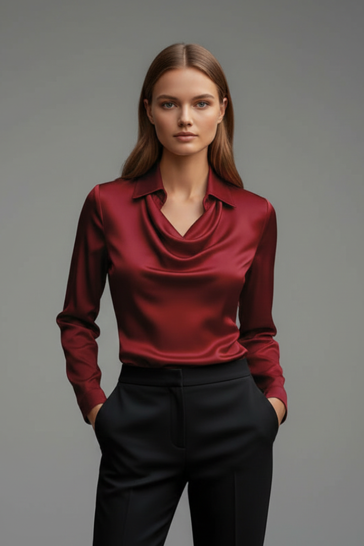 Women's Satin Blouse with Draped Collar and Long Sleeves | Open Neckline, Clean Line | Sizes XS to 3XL, 10 Colors