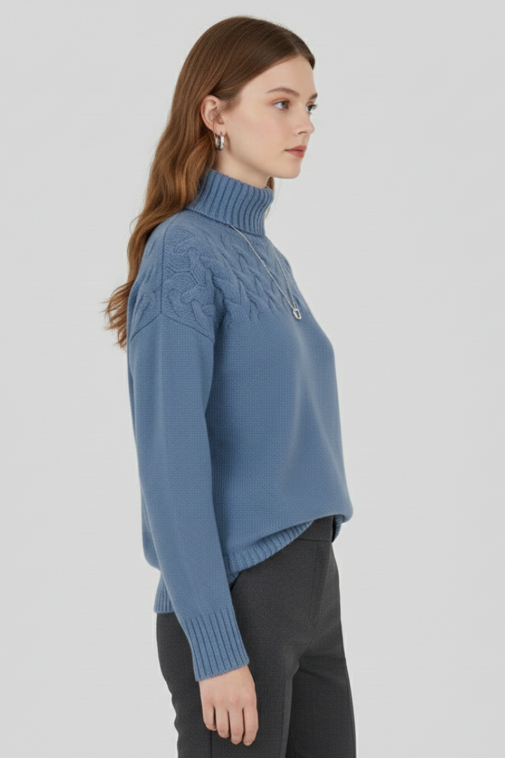 Women's Cable Knit Turtleneck Sweater with Ribbed Hem and Cuffs