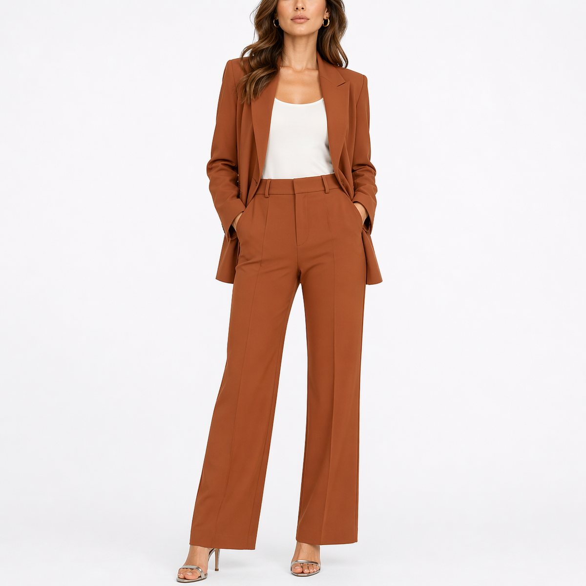 Tasha | Womens Two-Piece Blazer and Pants Set | High-Waisted Straight-Leg Pants, Pockets | Brown, Beige and More XS-XL