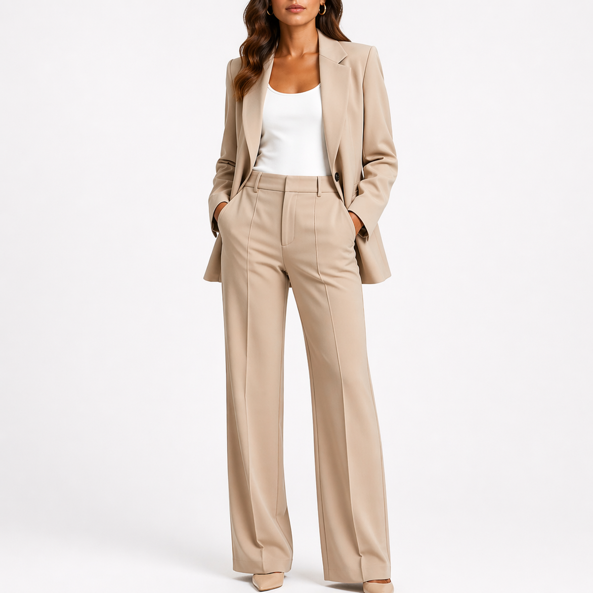 Tasha | Womens Two-Piece Blazer and Pants Set | High-Waisted Straight-Leg Pants, Pockets | Brown, Beige and More XS-XL