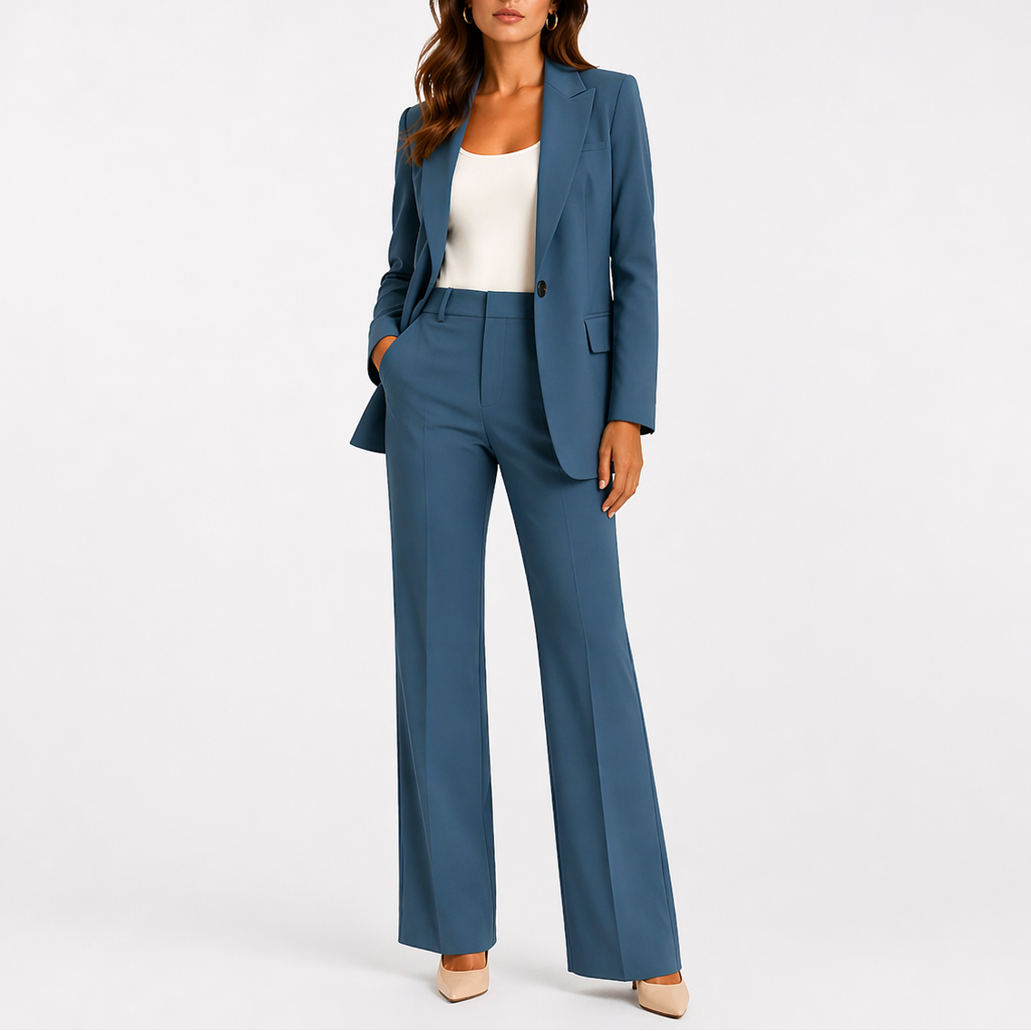 Tasha | Womens Two-Piece Blazer and Pants Set | High-Waisted Straight-Leg Pants, Pockets | Brown, Beige and More XS-XL