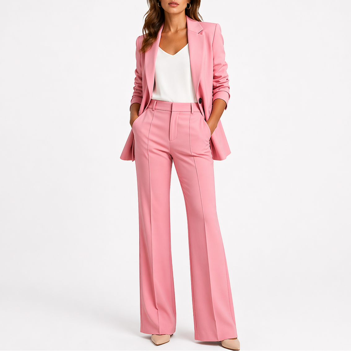 Tasha | Womens Two-Piece Blazer and Pants Set | High-Waisted Straight-Leg Pants, Pockets | Brown, Beige and More XS-XL