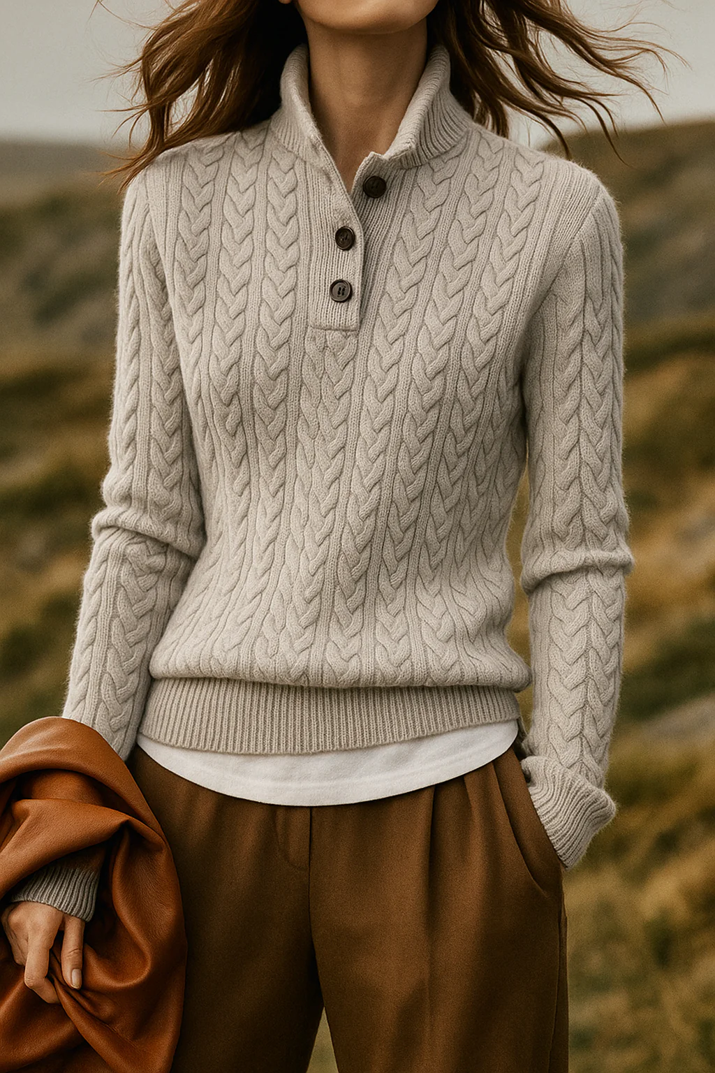 Women's Cable-Knit Pullover with Collar Buttons
