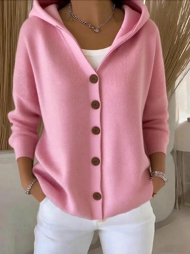 Women's Casual Knit Hooded Cardigan with Button Front