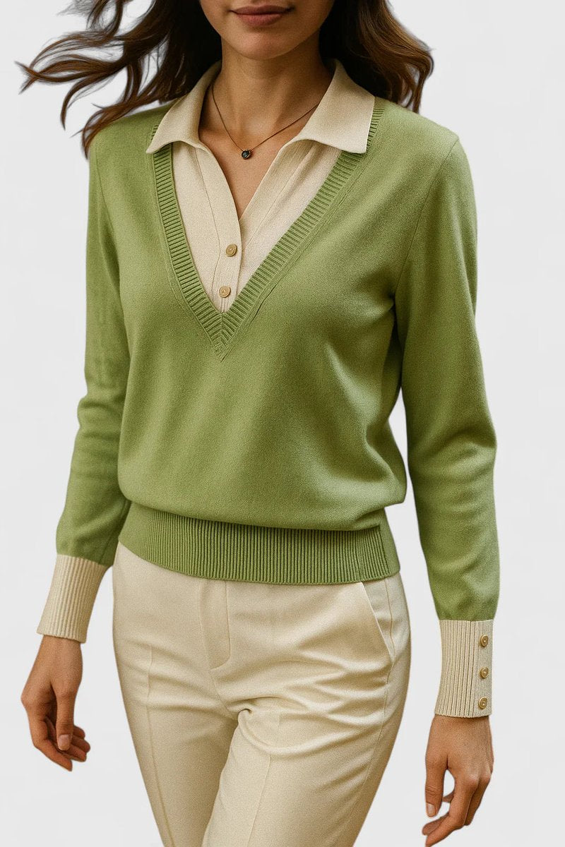 Women's Collared V-Neck Pullover with Button Cuffs in Sage