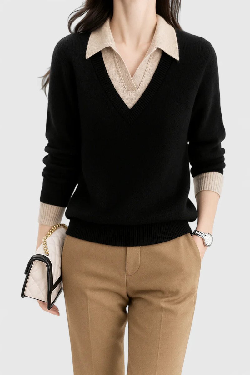 Women's Collared V-Neck Pullover with Button Cuffs in Sage