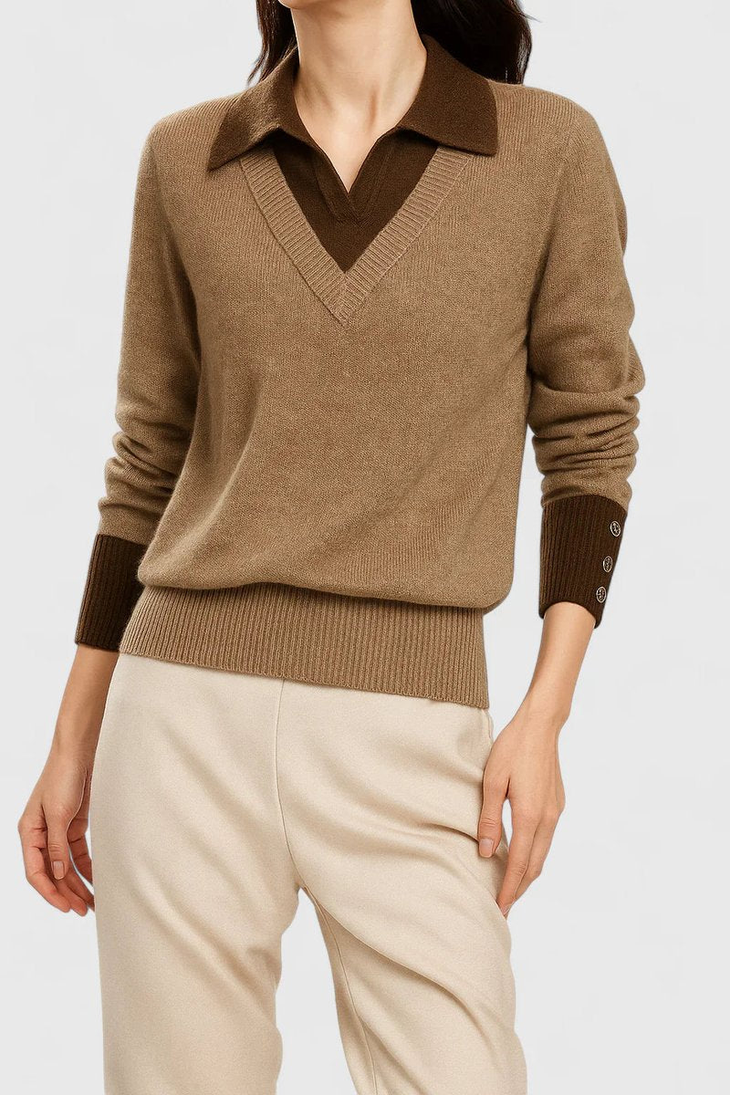 Women's Collared V-Neck Pullover with Button Cuffs in Sage