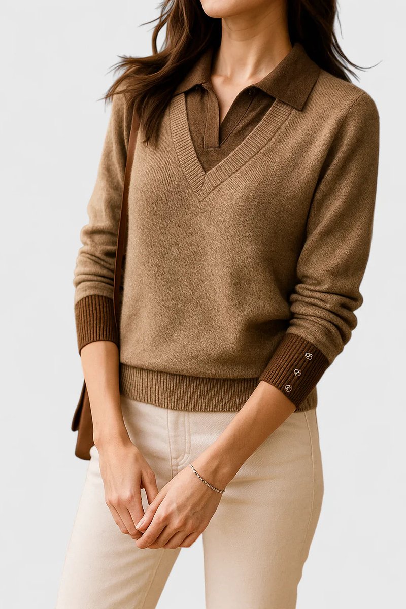 Women's Collared V-Neck Pullover with Button Cuffs in Sage