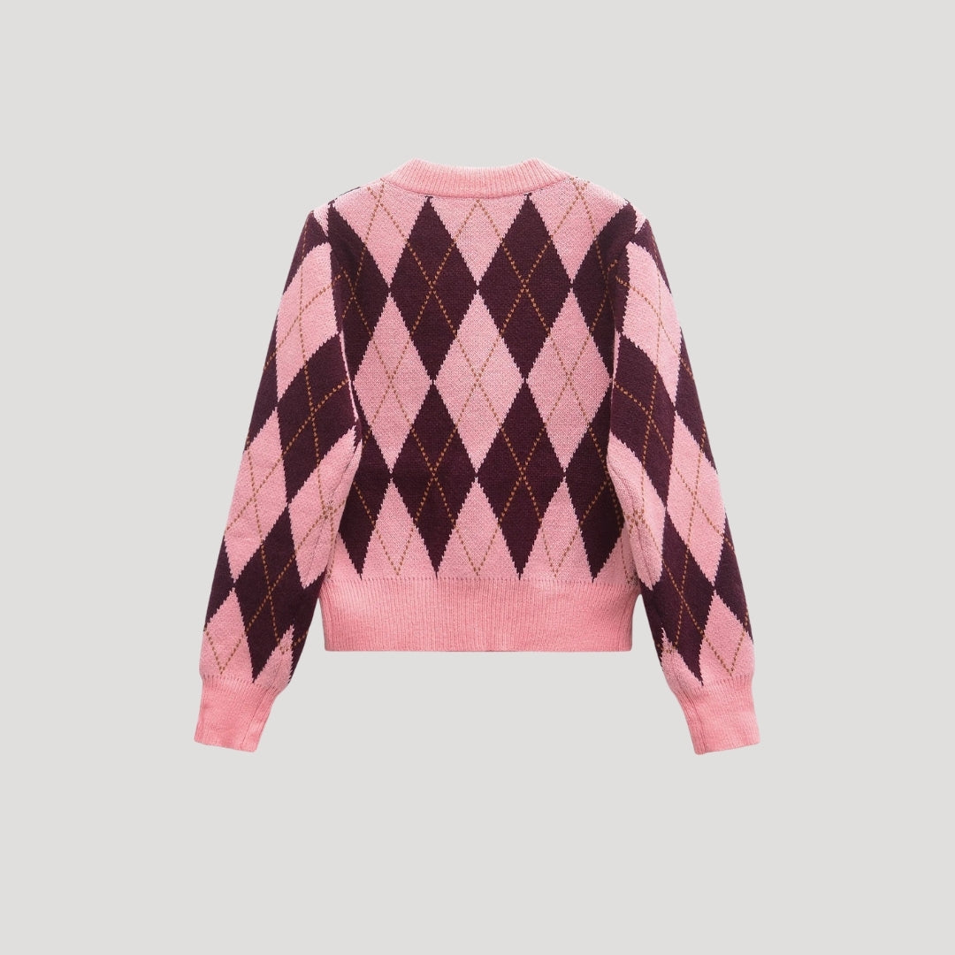 Women's Cropped Argyle Knit Sweater Cardigan