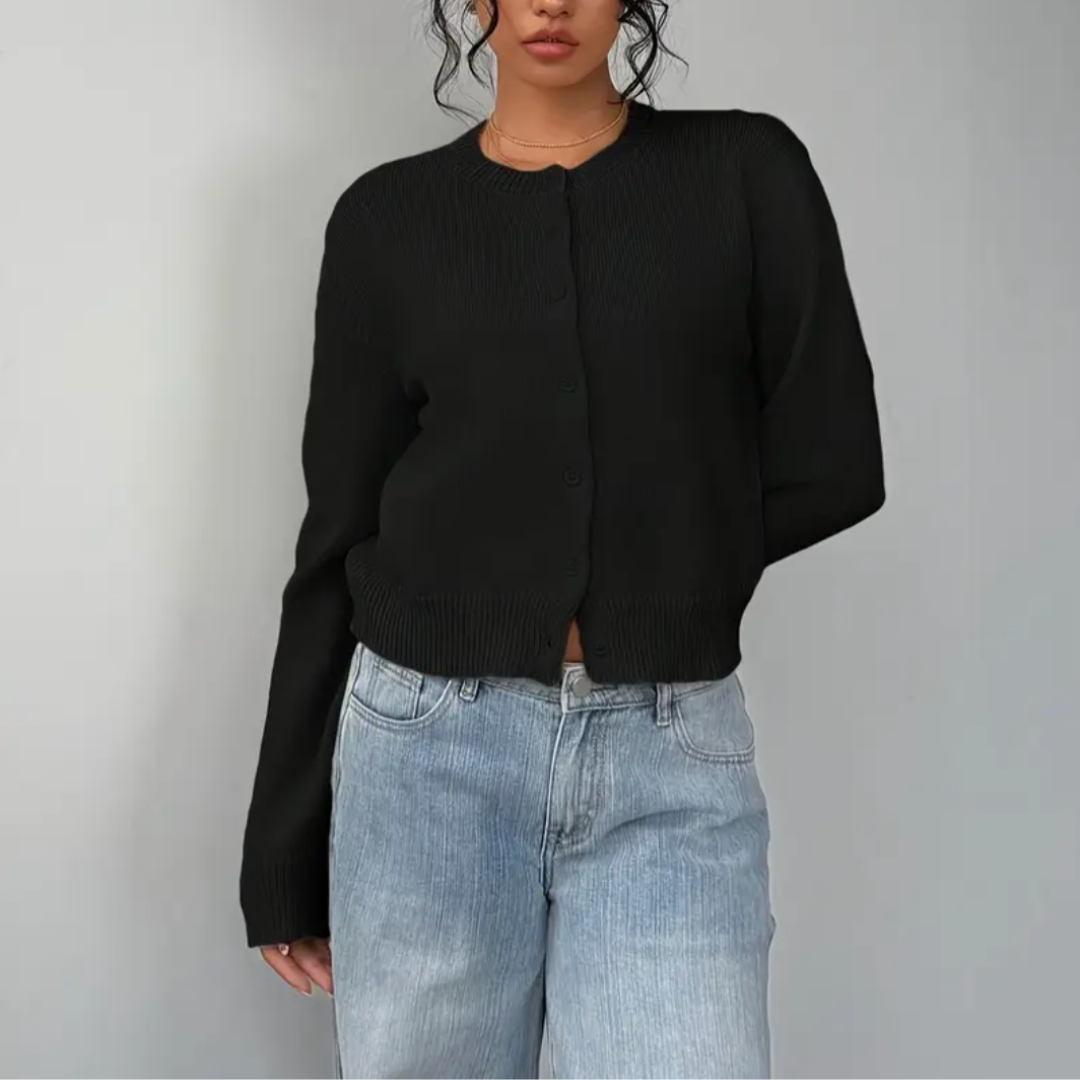 Elena | Women's Cropped Knit Cardigan Button Front Crew Neck