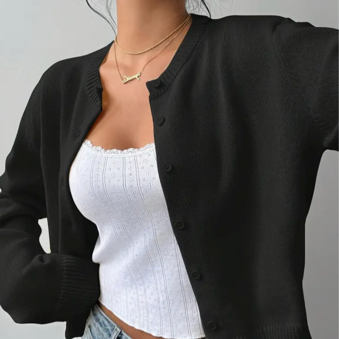 Elena | Women's Cropped Knit Cardigan Button Front Crew Neck