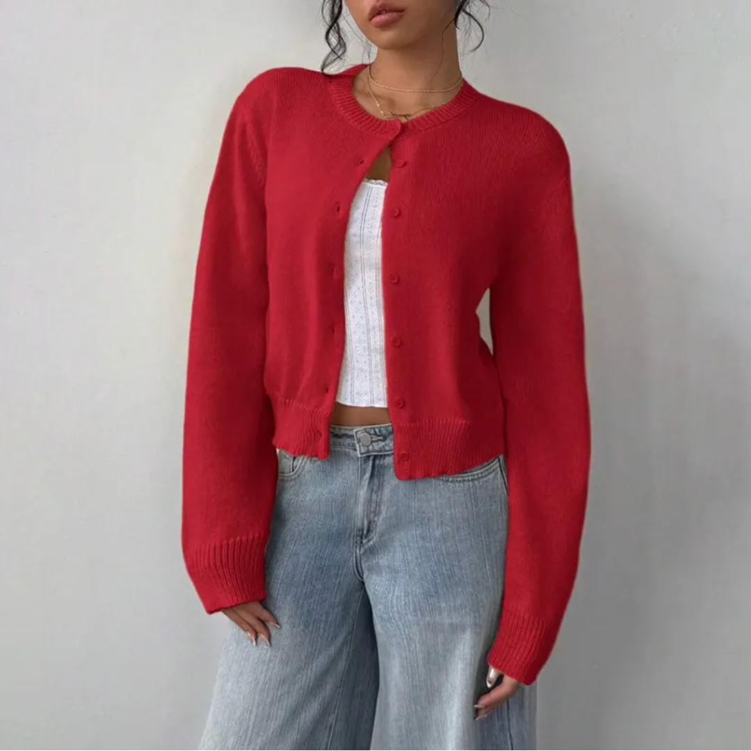 Elena | Women's Cropped Knit Cardigan Button Front Crew Neck