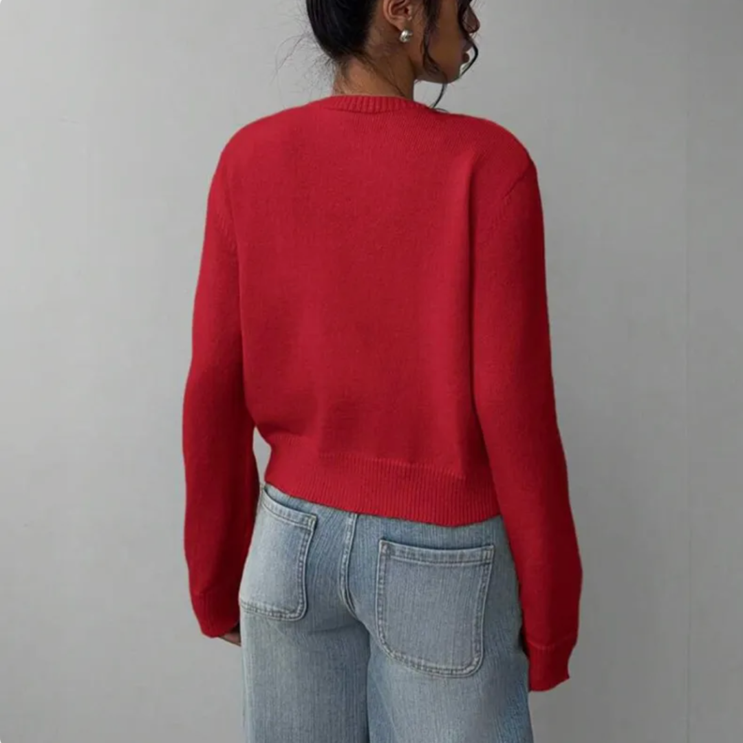 Elena | Women's Cropped Knit Cardigan Button Front Crew Neck
