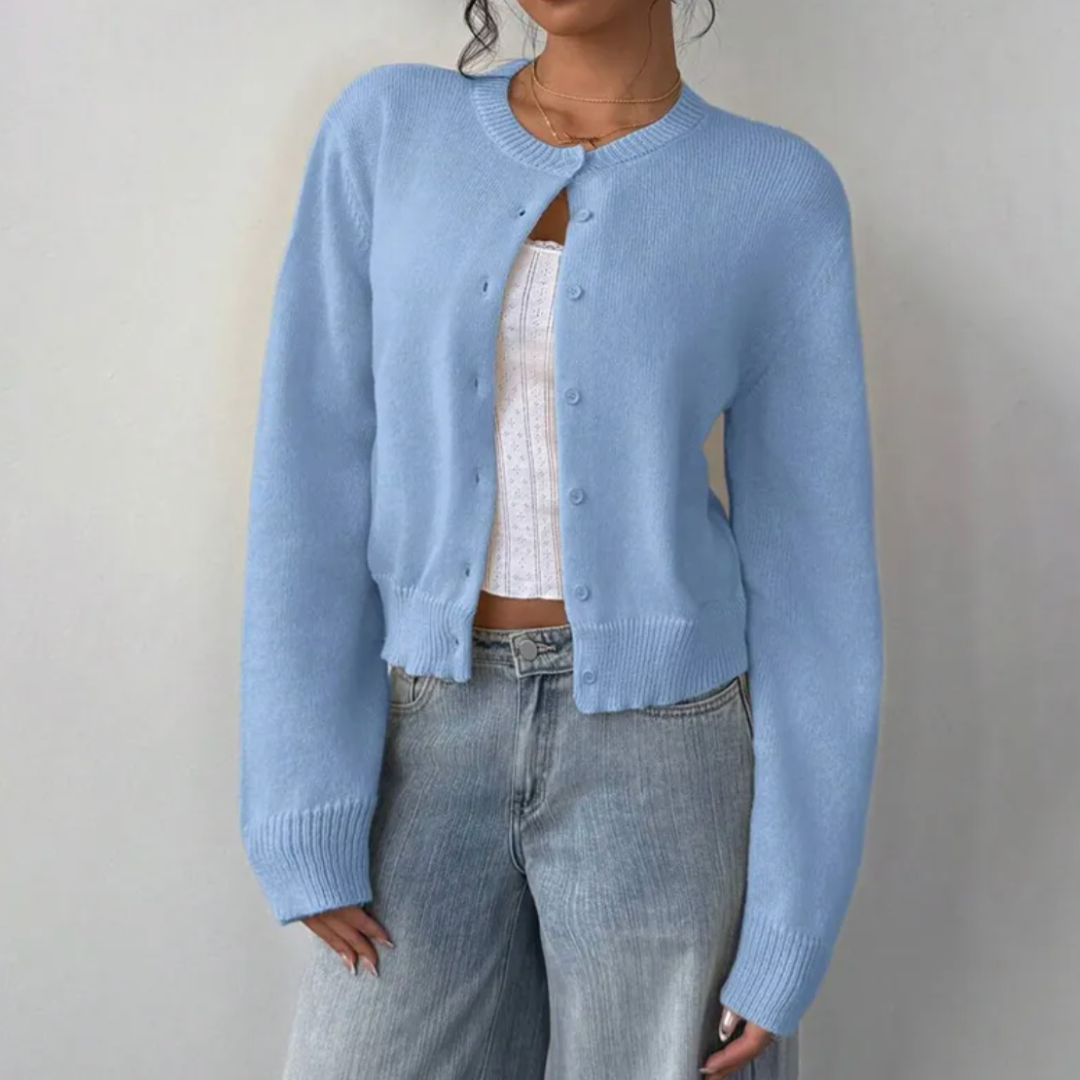 Elena | Women's Cropped Knit Cardigan Button Front Crew Neck