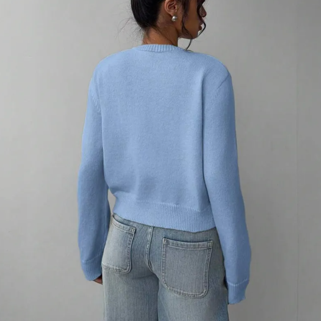 Elena | Women's Cropped Knit Cardigan Button Front Crew Neck