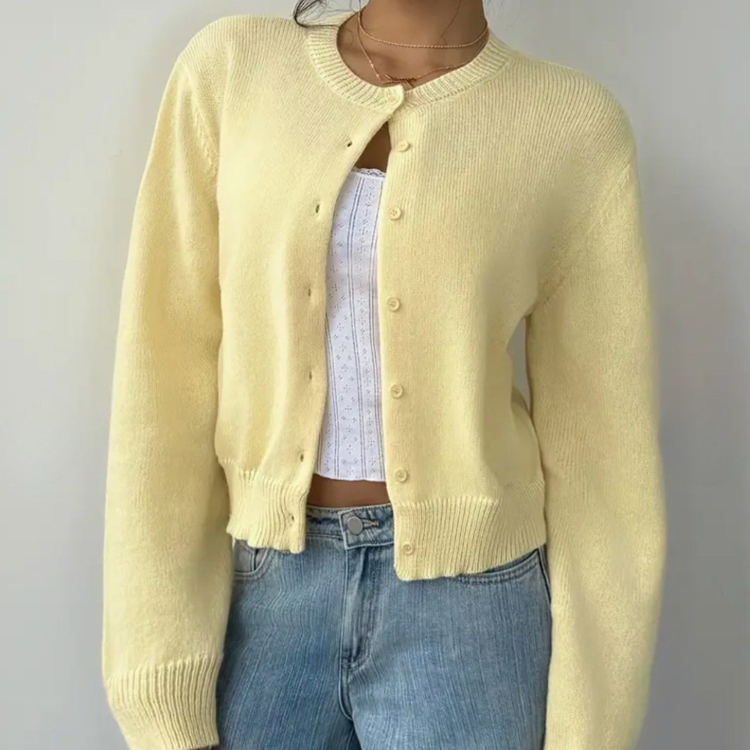 Elena | Women's Cropped Knit Cardigan Button Front Crew Neck