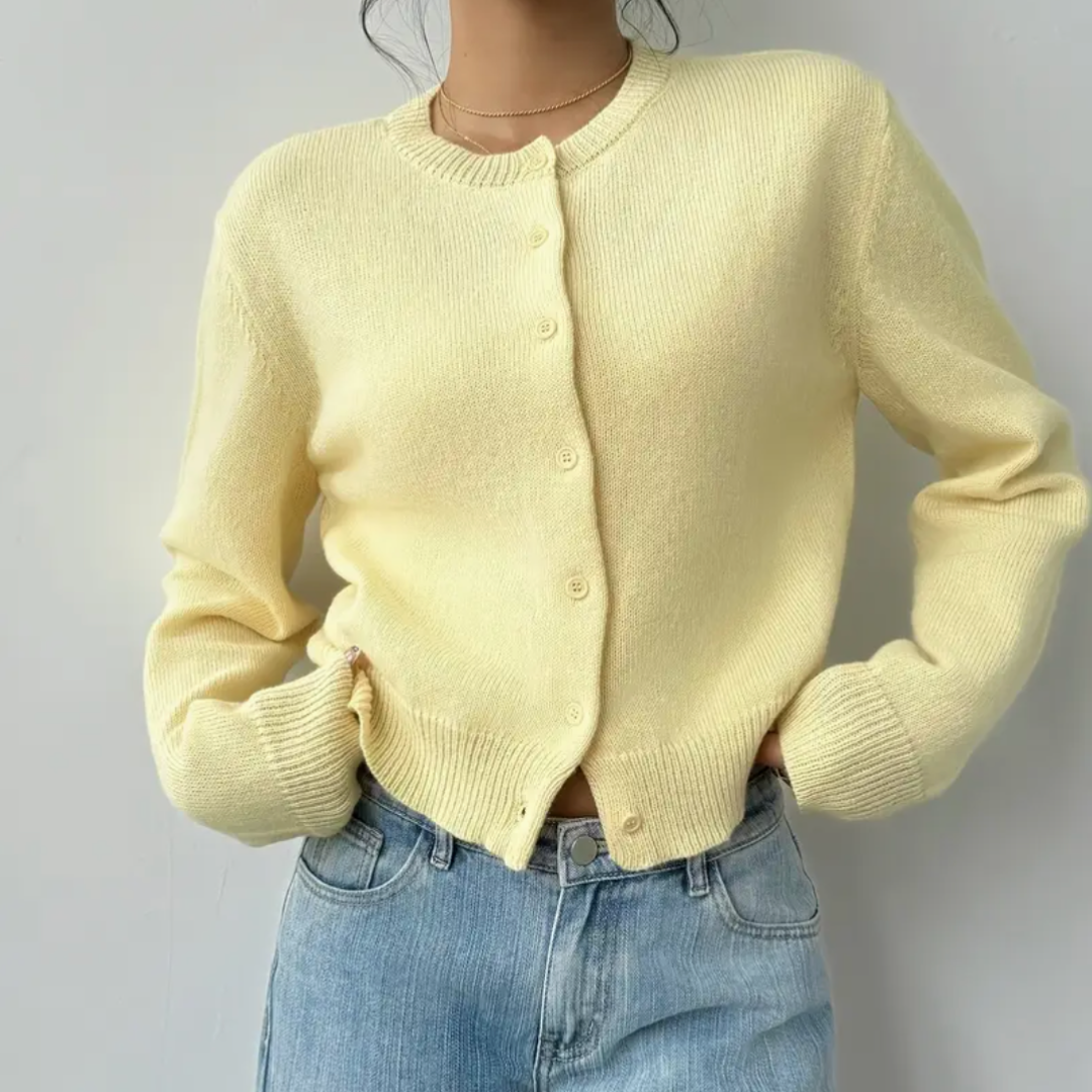 Elena | Women's Cropped Knit Cardigan Button Front Crew Neck