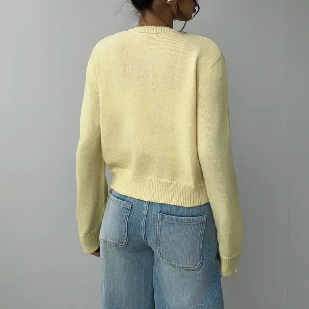 Elena | Women's Cropped Knit Cardigan Button Front Crew Neck