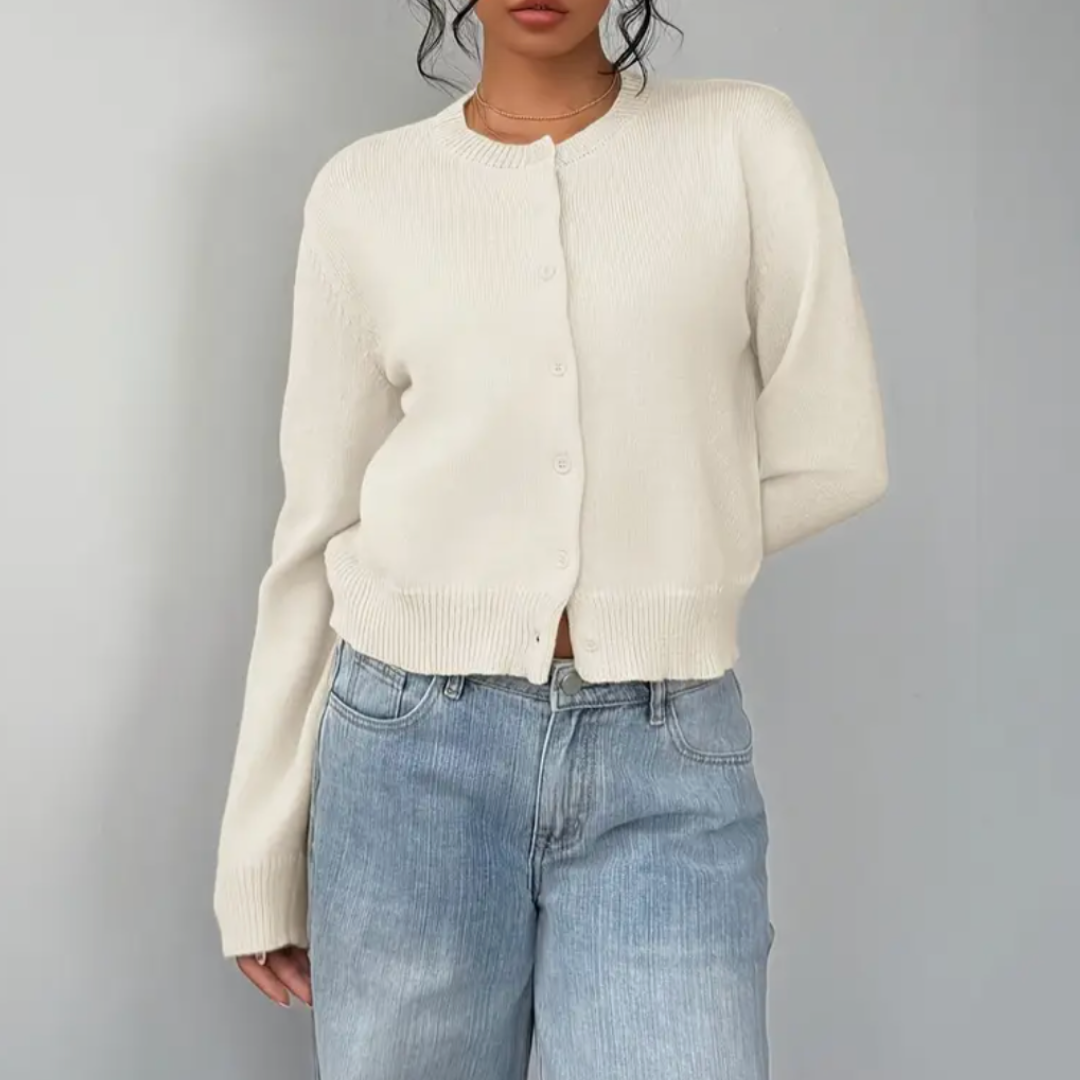 Elena | Women's Cropped Knit Cardigan Button Front Crew Neck
