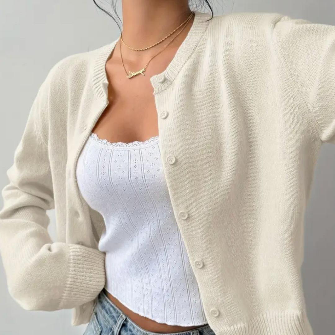Elena | Women's Cropped Knit Cardigan Button Front Crew Neck