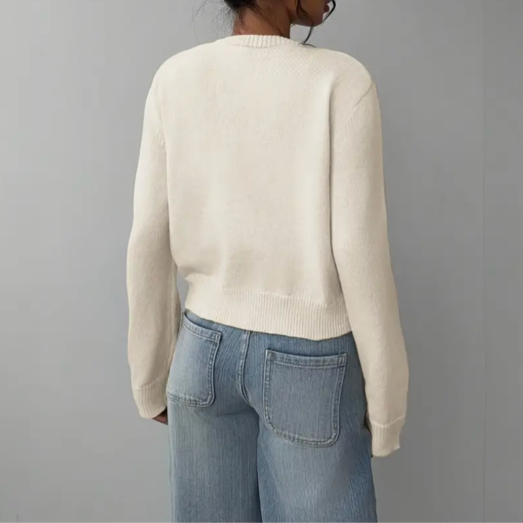 Elena | Women's Cropped Knit Cardigan Button Front Crew Neck