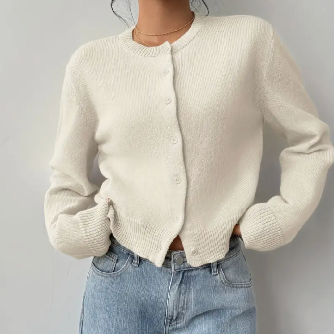 Elena | Women's Cropped Knit Cardigan Button Front Crew Neck