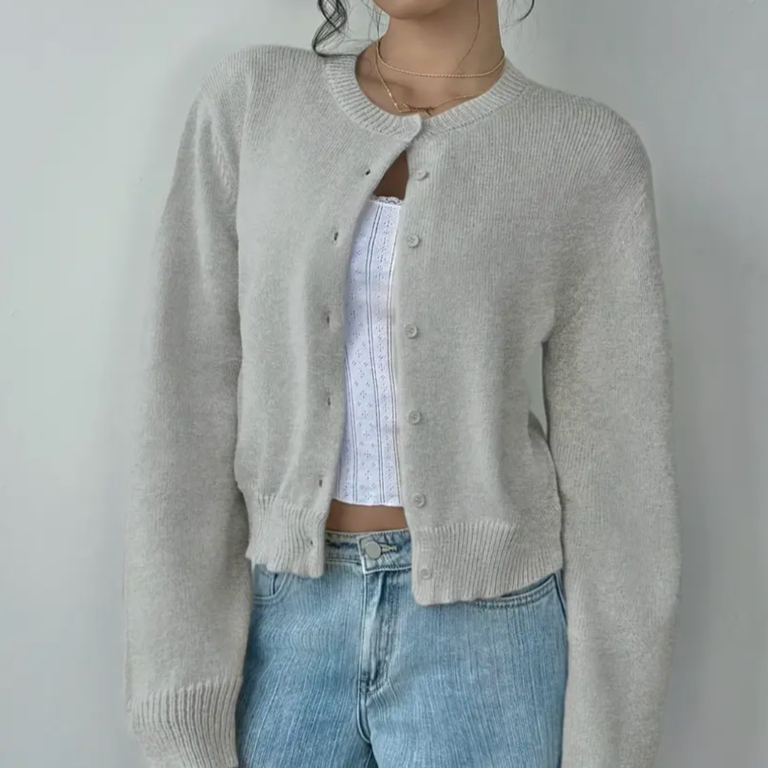 Elena | Women's Cropped Knit Cardigan Button Front Crew Neck
