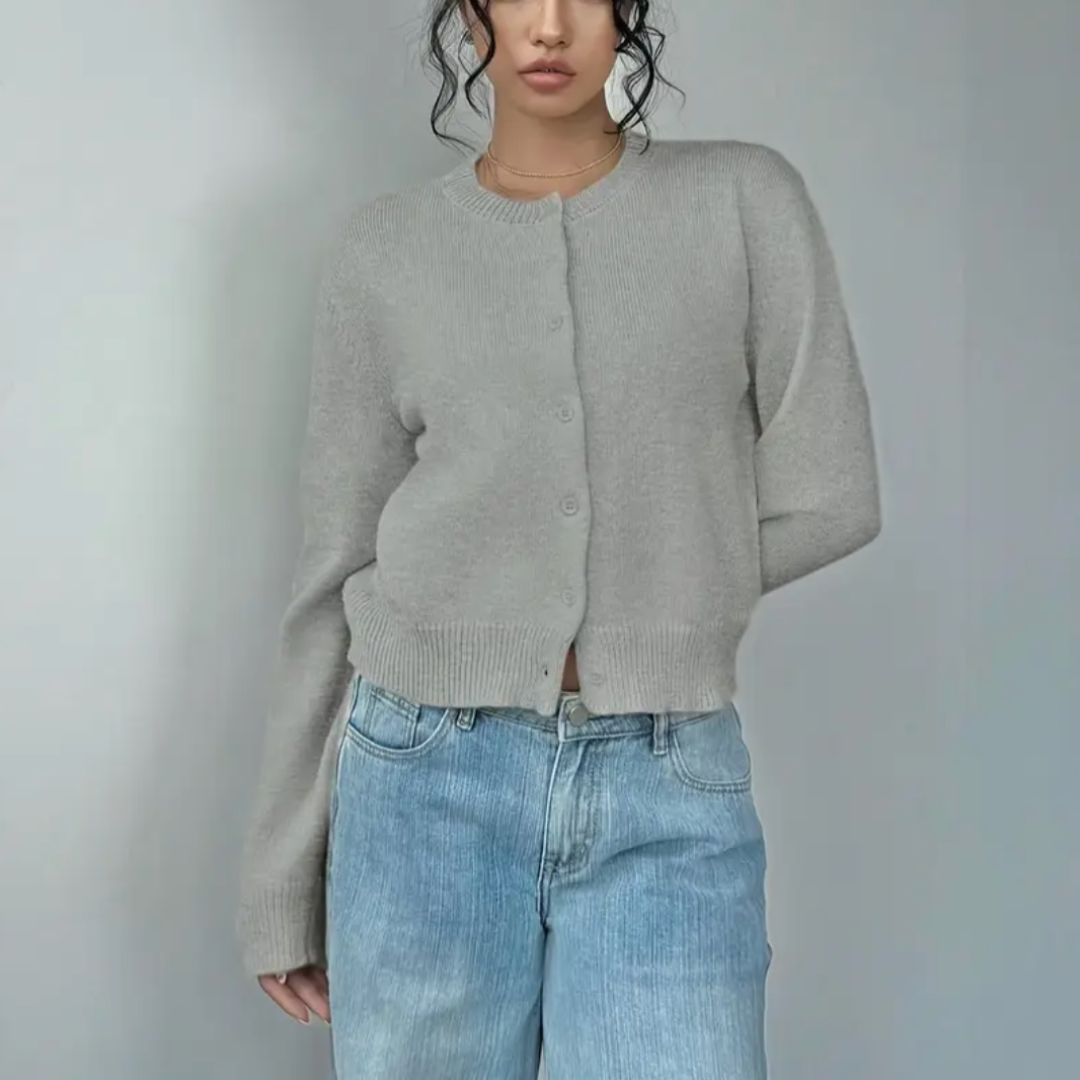 Elena | Women's Cropped Knit Cardigan Button Front Crew Neck
