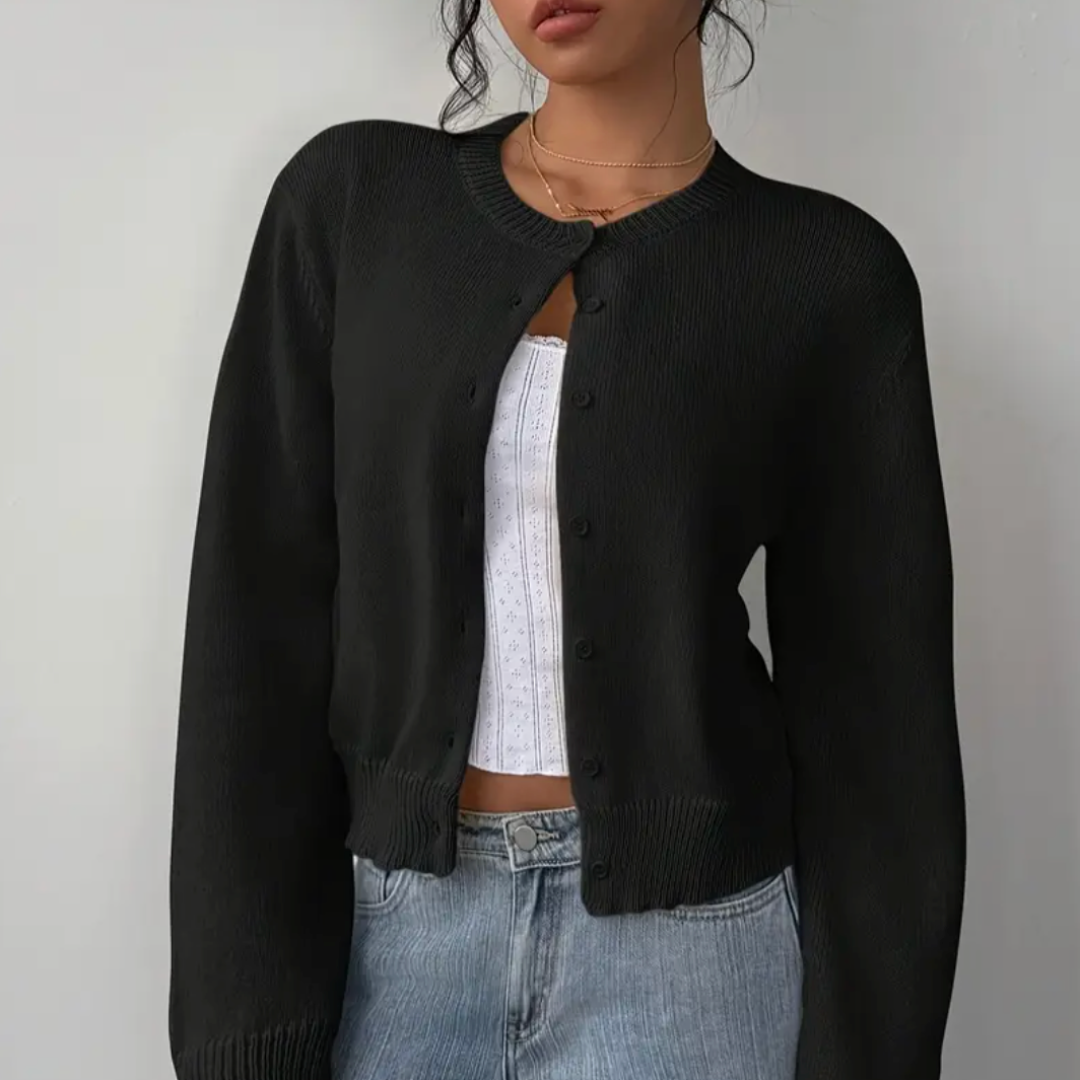 Elena | Women's Cropped Knit Cardigan Button Front Crew Neck