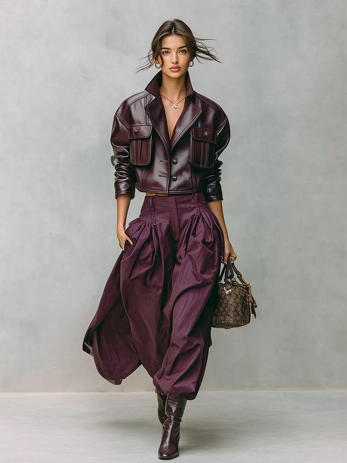 Women's Cropped Leather Jacket with Double Pocket Lapel Collar
