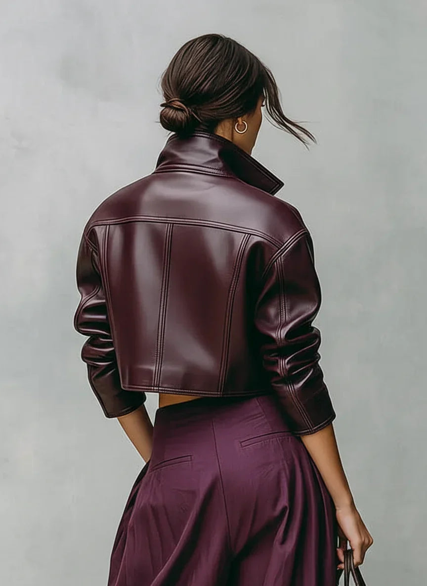 Women's Cropped Leather Jacket with Double Pocket Lapel Collar