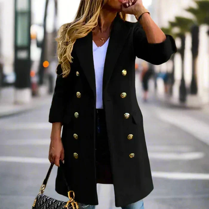 Women's Double-Breasted Blazer Coat with Silver Buttons