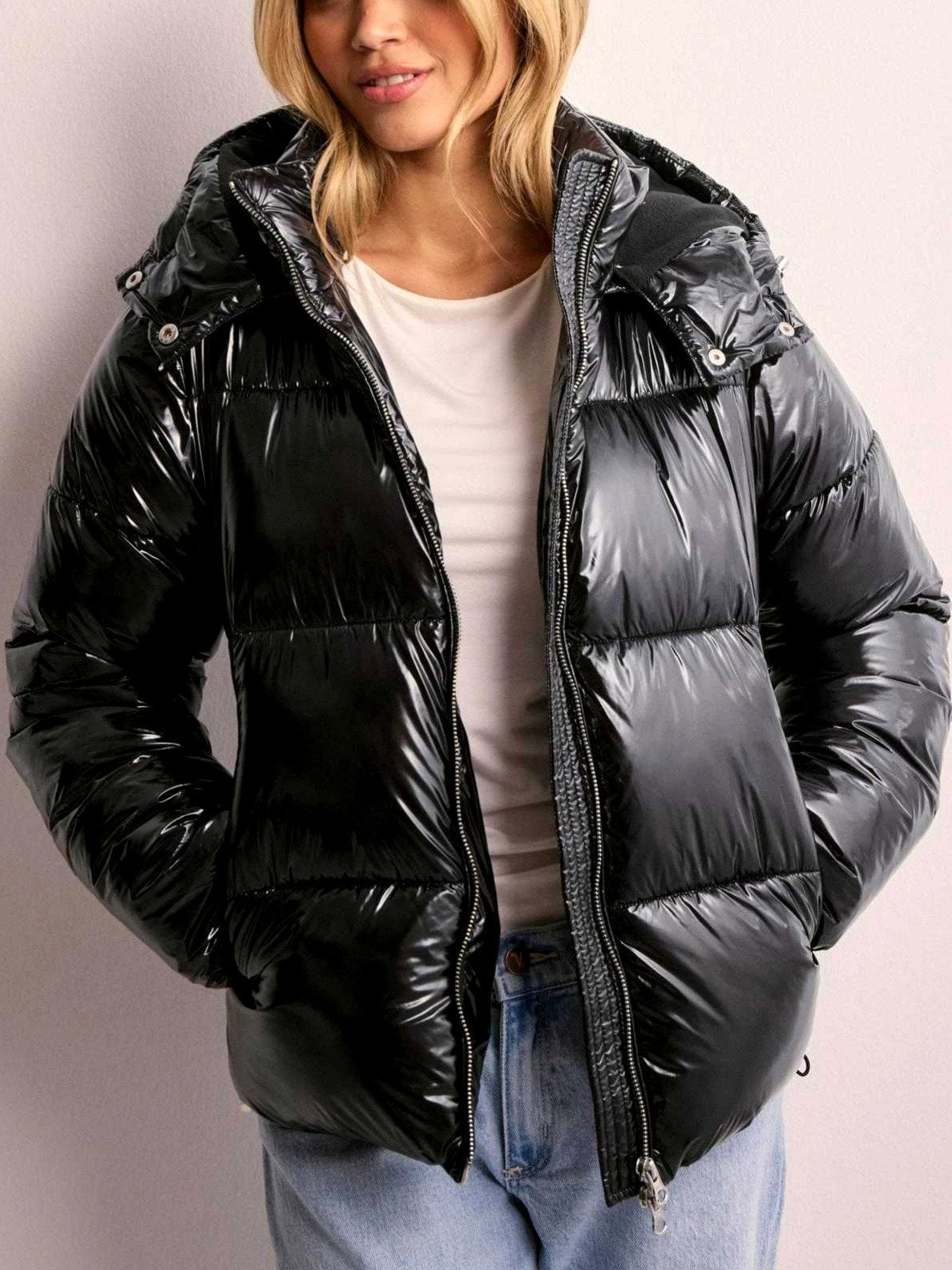 Women's Glossy Hooded Zip-Up Puffer Jacket