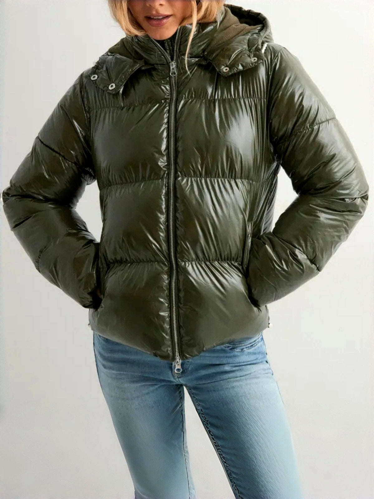 Women's Glossy Hooded Zip-Up Puffer Jacket