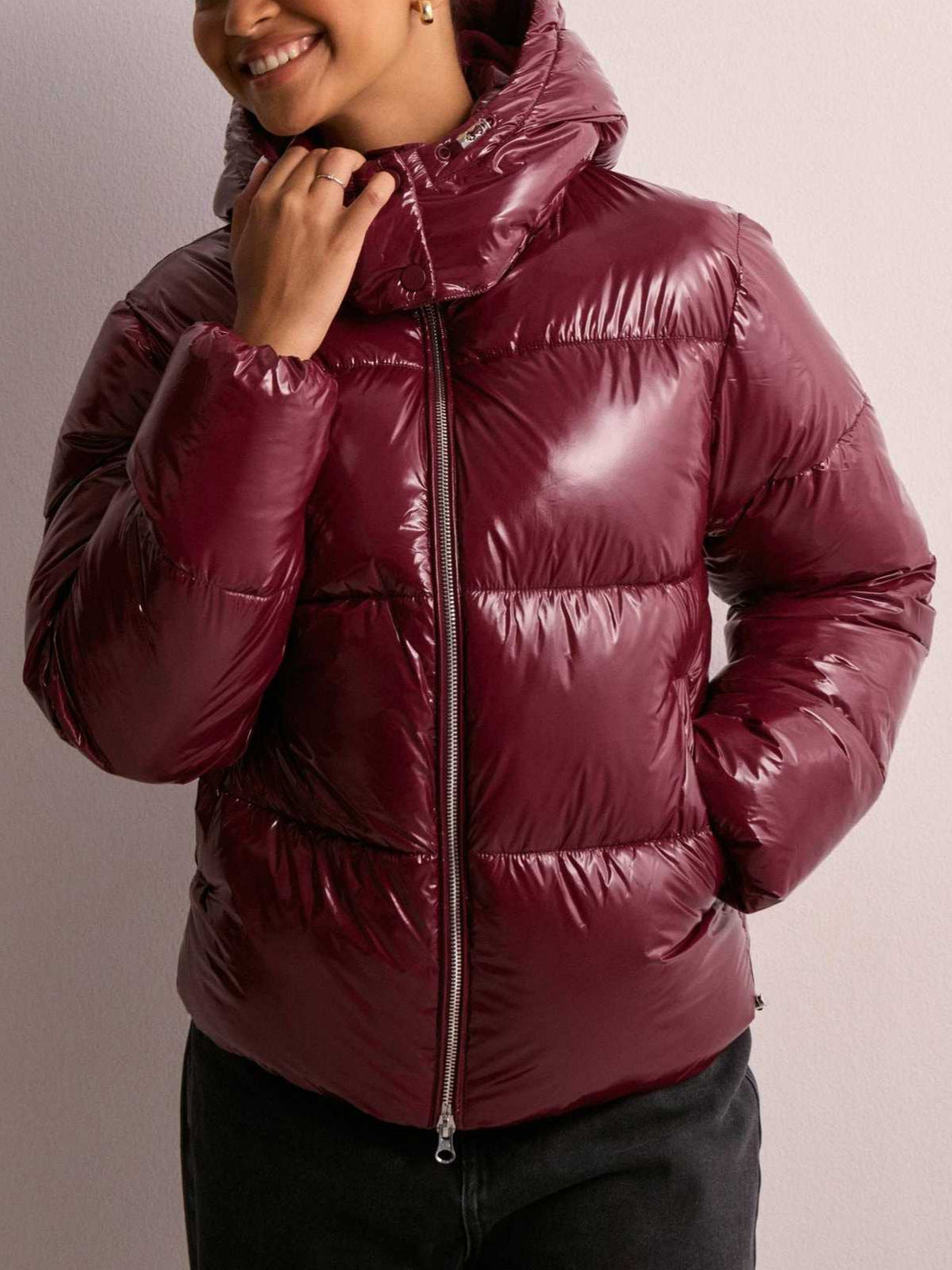 Women's Glossy Hooded Zip-Up Puffer Jacket