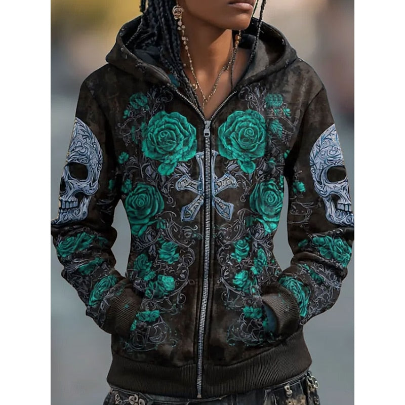 Women's Halloween Skull & Rose Zip-Up Hoodie