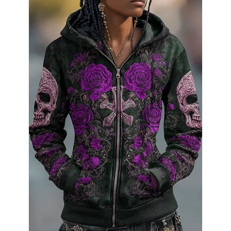 Women's Halloween Skull & Rose Zip-Up Hoodie
