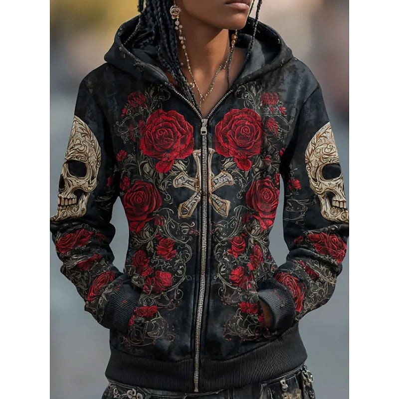 Women's Halloween Skull & Rose Zip-Up Hoodie