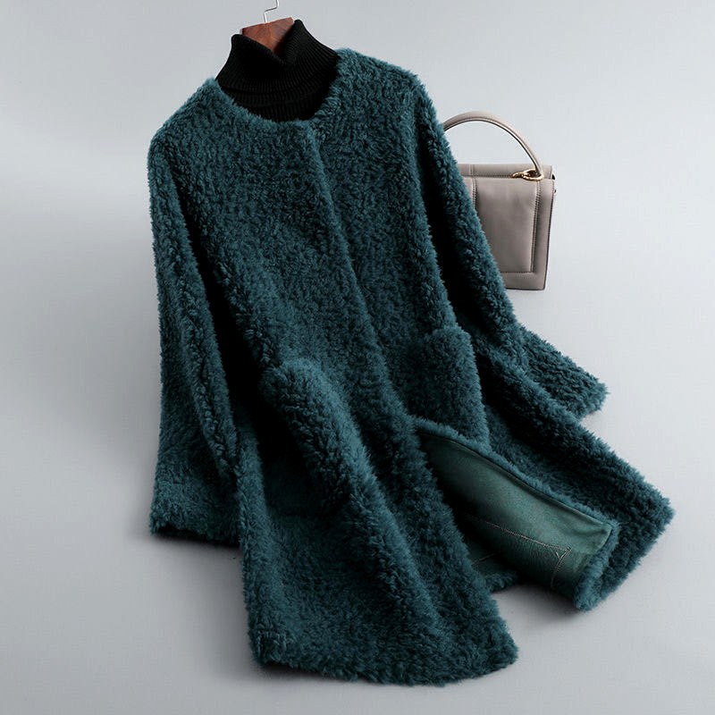 Women's Open Front Shearling Coat with Pockets