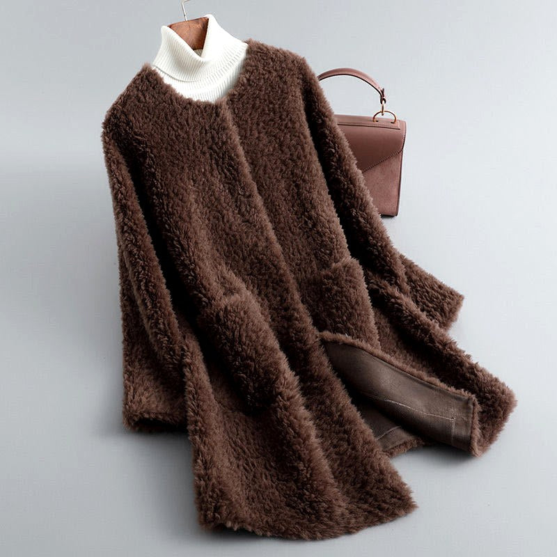 Women's Open Front Shearling Coat with Pockets