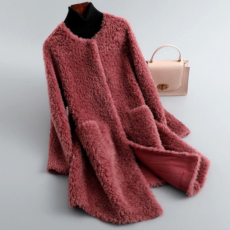 Women's Open Front Shearling Coat with Pockets