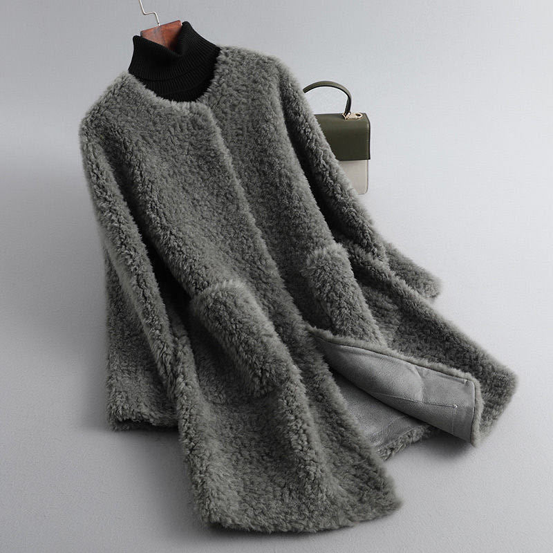 Women's Open Front Shearling Coat with Pockets